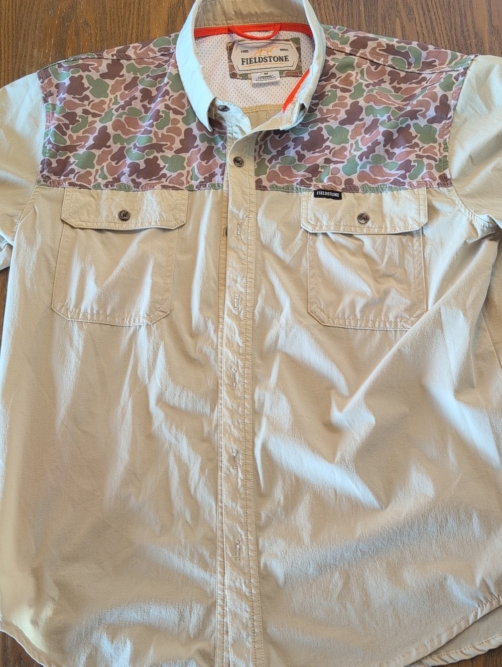 Fieldstone Men's Tan Button-Down Shirt with Camo Yoke